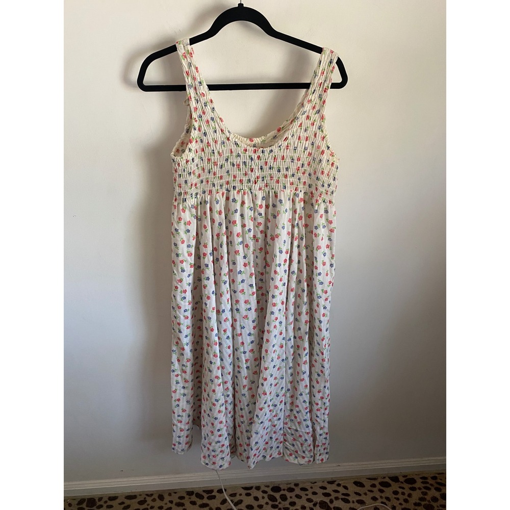 Vintage Climax by David Howard Smocked Floral Midi Sundress White Red Blue